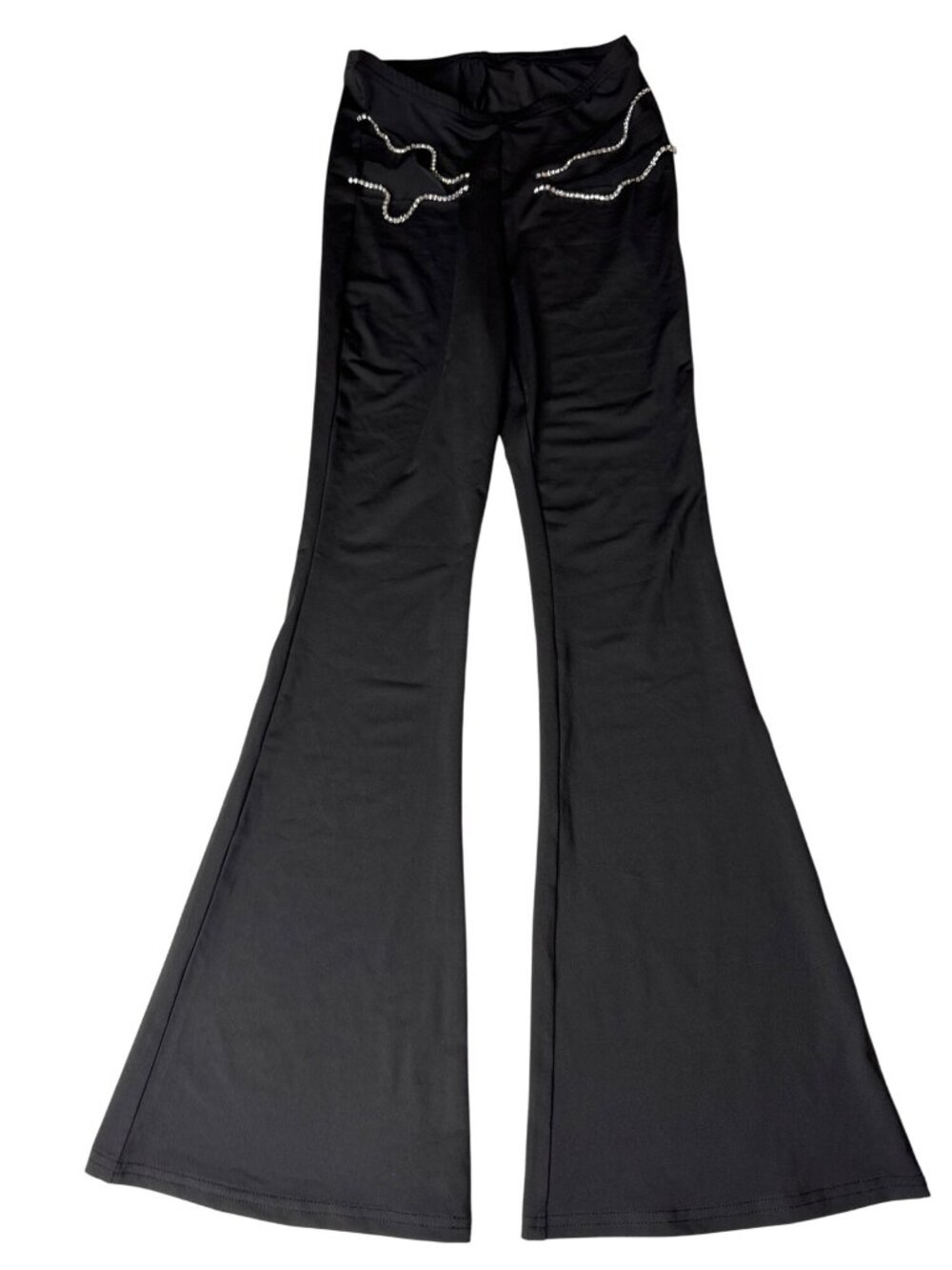 Black Flared Pants With Rhinestone Wave Detailing & Elastic Waistband XS
